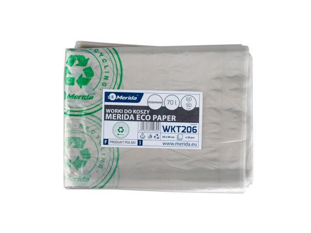 Worki na zużyte ręczniki papierowe, MERIDA ECO PAPER, 60 x 90 cm, pojemność 70 l, paczka 50 szt., BEZBARWNE, LDPE